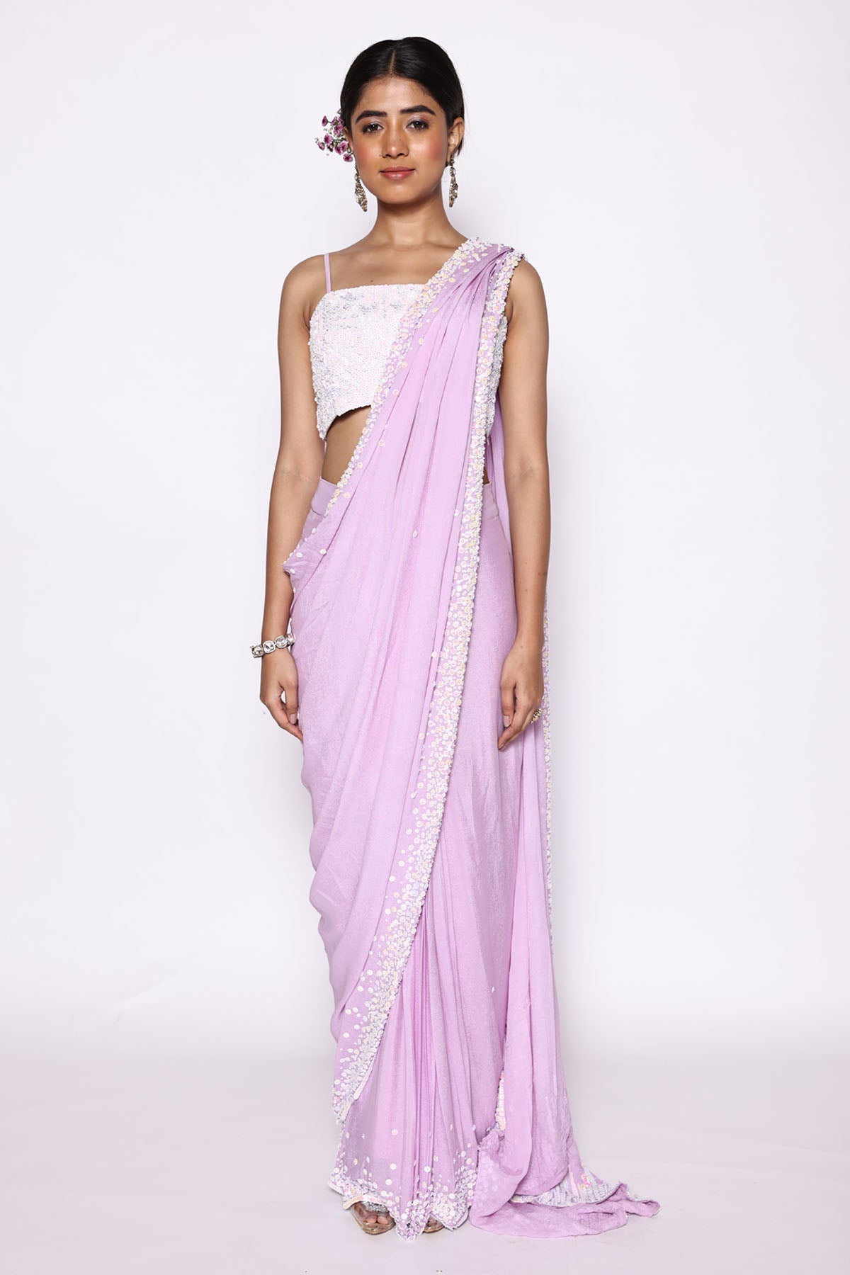 Lilac Sequins Pre Drape Saree Set at ScrollnShops